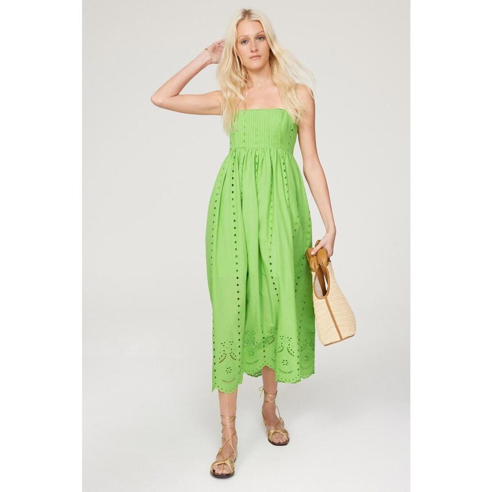 Slate & Willow Green Eyelet Midi Dress Size S with fabric snags